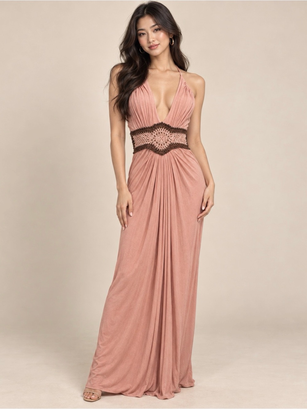 Sky Brand Rose Pink Maxi Dress with Brown Crochet Waist Size S
